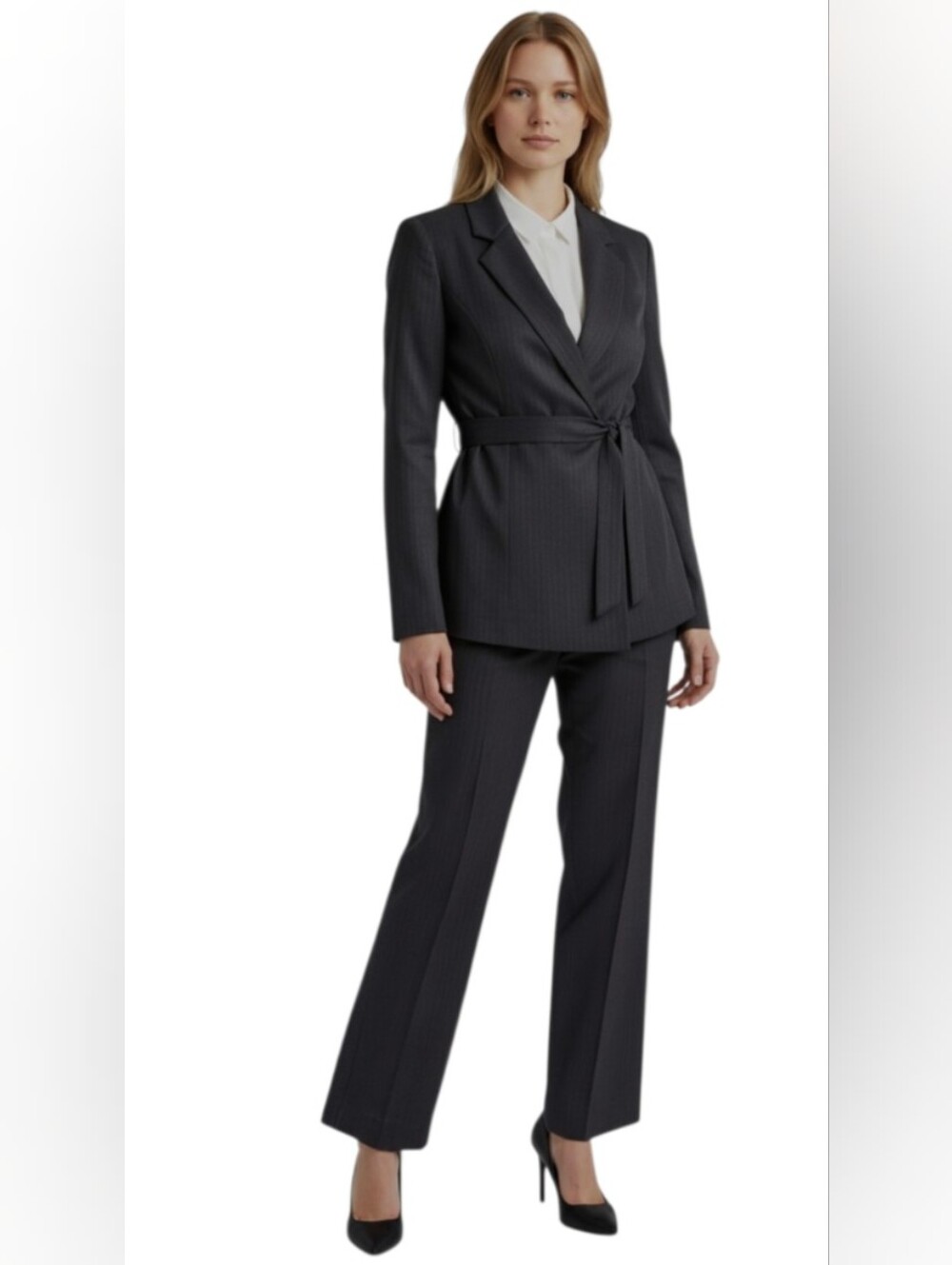 LE SUIT PETITE! BLACK ON BLACK IRIDESCENT PIN STRIPE 2 PC PANTS JACKET SUIT! 12P